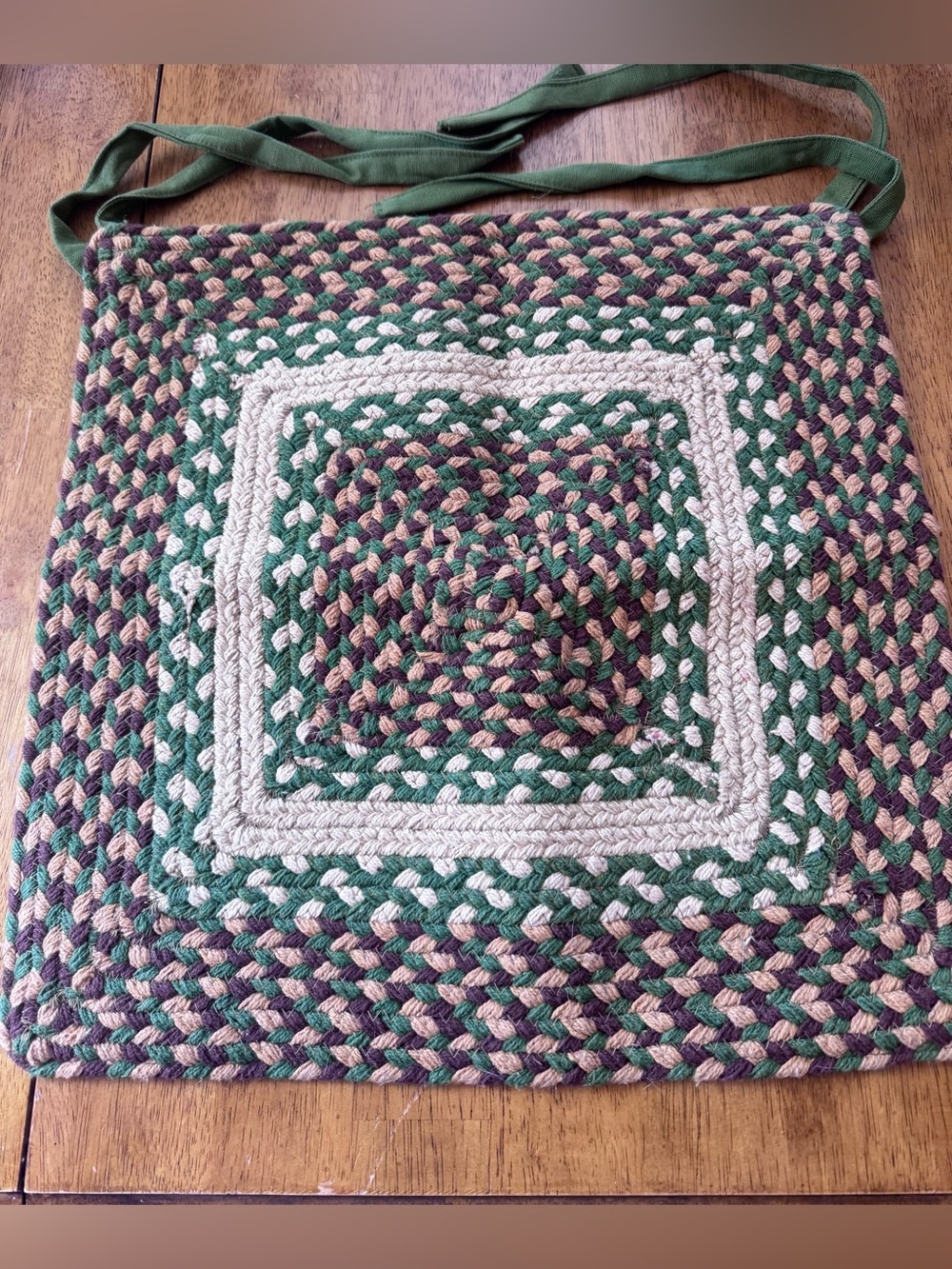 At Home America Braided 16” Square Chair Pad Cover in Green, Brown & Cream